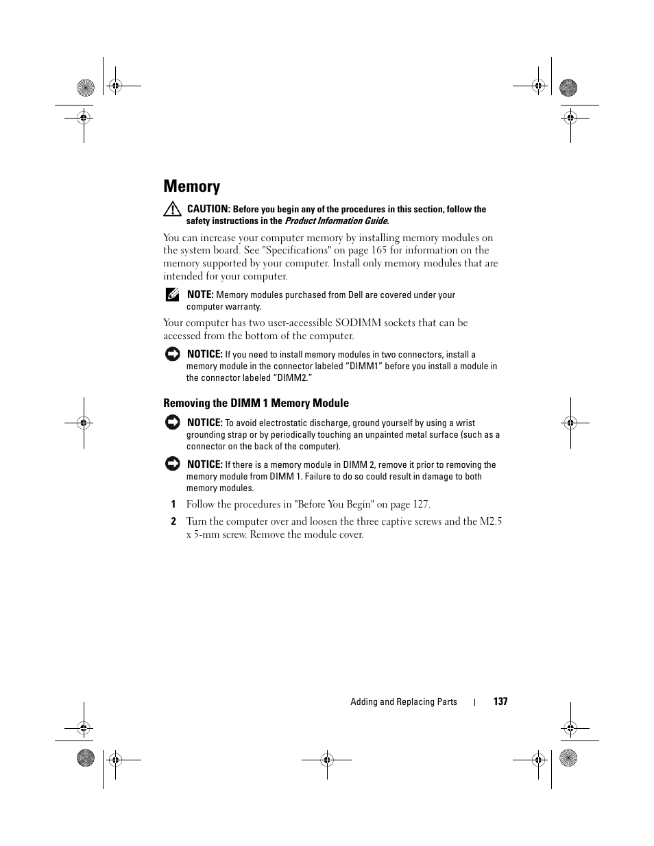 Memory, Removing the dimm 1 memory module | Dell XPS M1330 (M1330, Mid 2007) User Manual | Page 137 / 202