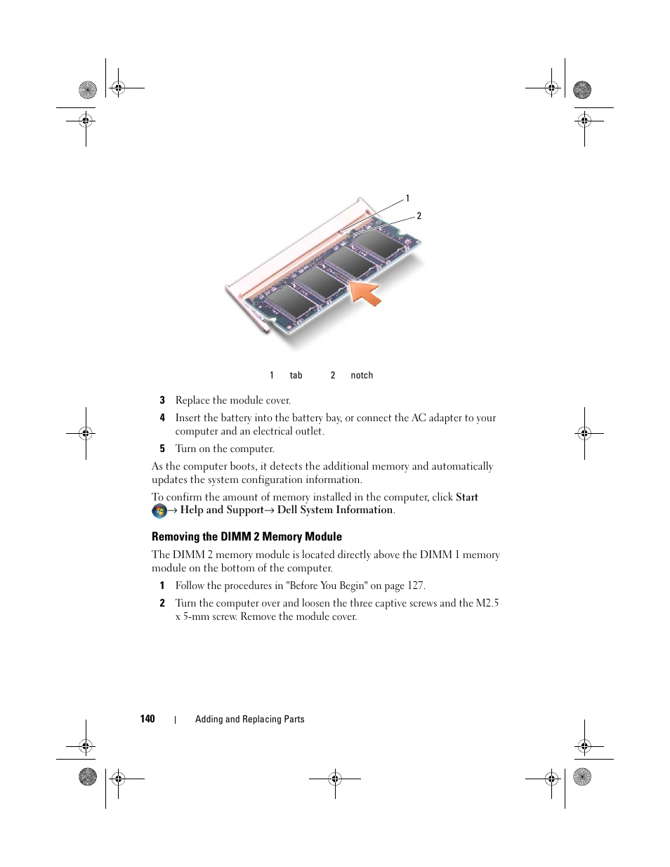 Removing the dimm 2 memory module | Dell XPS M1330 (M1330, Mid 2007) User Manual | Page 140 / 202