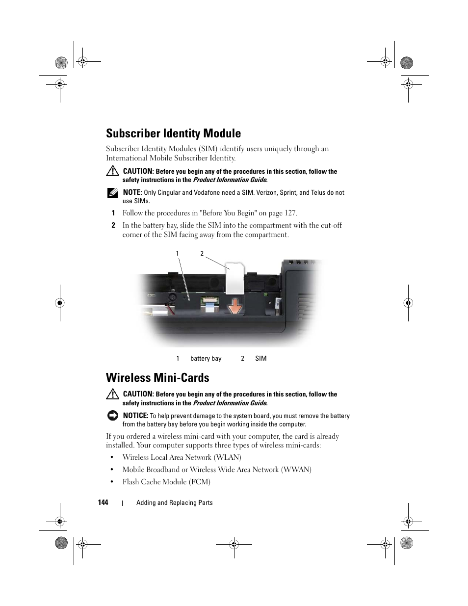 Subscriber identity module, Wireless mini-cards | Dell XPS M1330 (M1330, Mid 2007) User Manual | Page 144 / 202