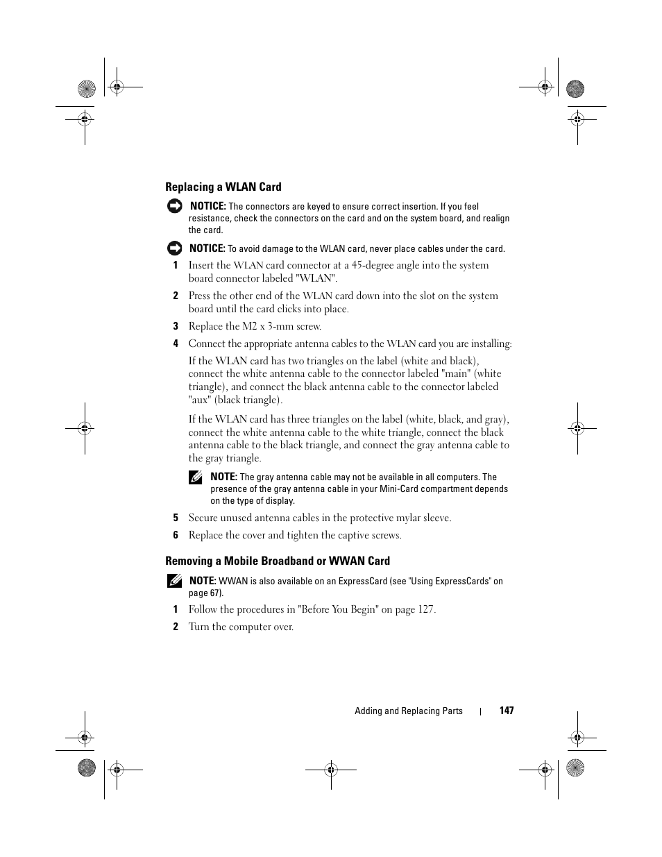 Replacing a wlan card, Removing a mobile broadband or wwan card | Dell XPS M1330 (M1330, Mid 2007) User Manual | Page 147 / 202