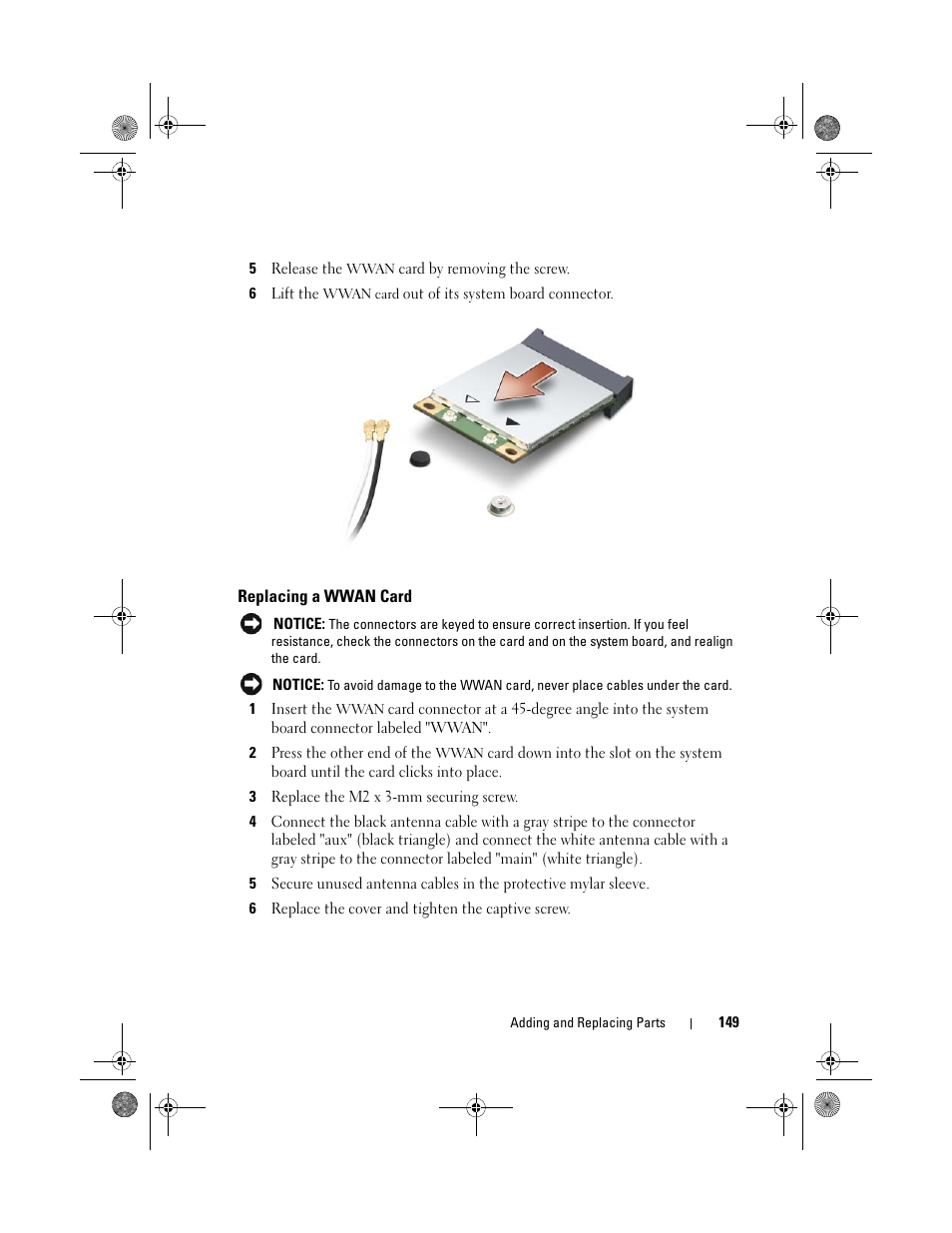 Replacing a wwan card | Dell XPS M1330 (M1330, Mid 2007) User Manual | Page 149 / 202