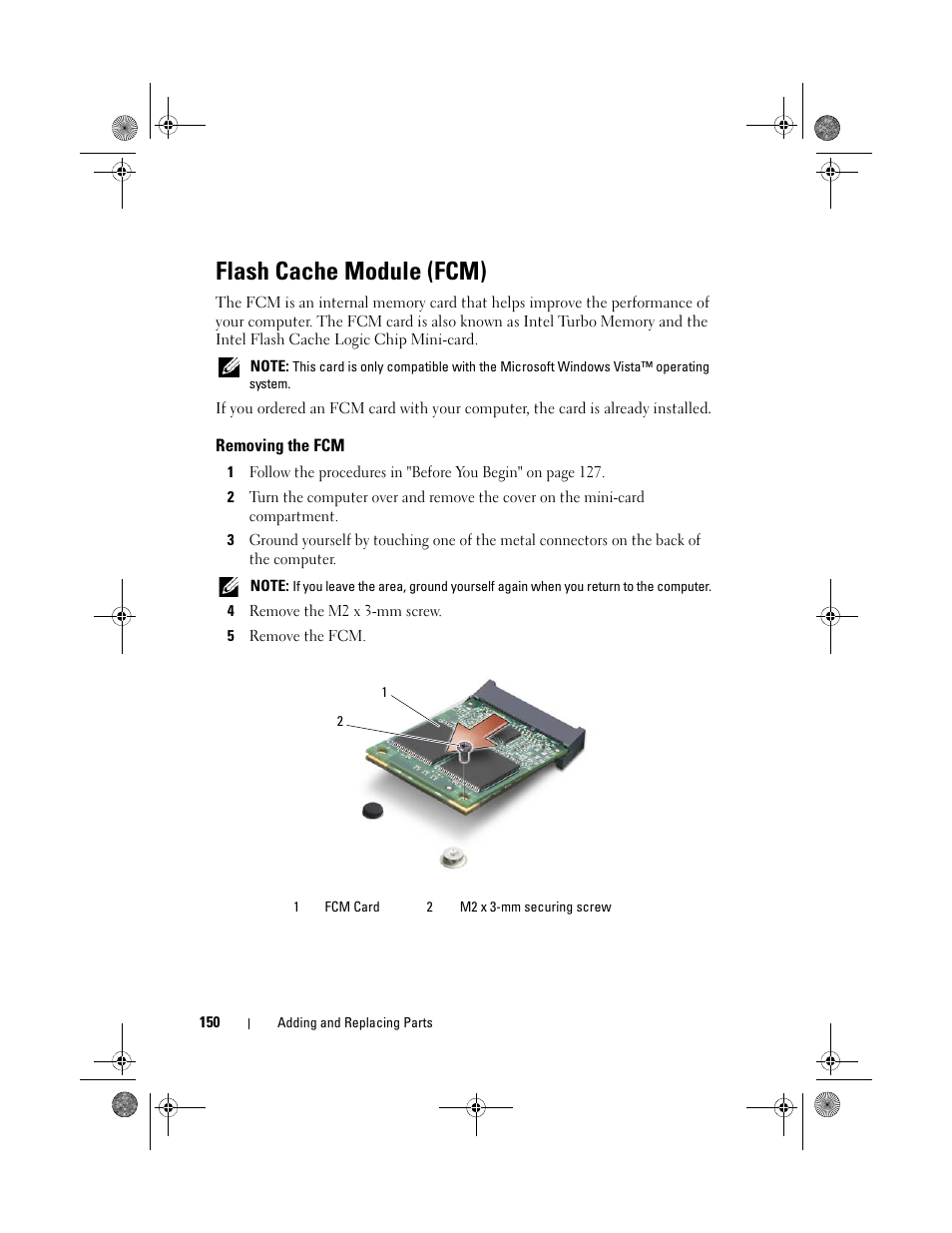 Flash cache module (fcm), Removing the fcm | Dell XPS M1330 (M1330, Mid 2007) User Manual | Page 150 / 202