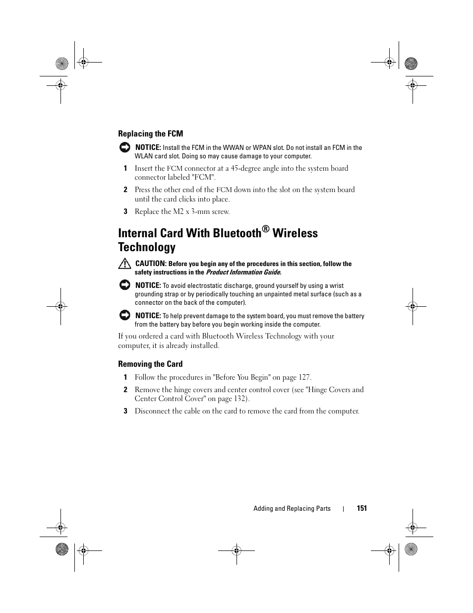 Replacing the fcm, Internal card with bluetooth® wireless technology, Removing the card | Internal card with bluetooth, Wireless technology | Dell XPS M1330 (M1330, Mid 2007) User Manual | Page 151 / 202