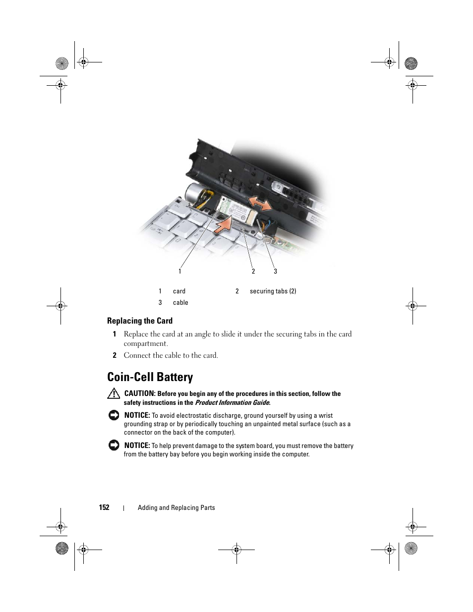 Replacing the card, Coin-cell battery | Dell XPS M1330 (M1330, Mid 2007) User Manual | Page 152 / 202