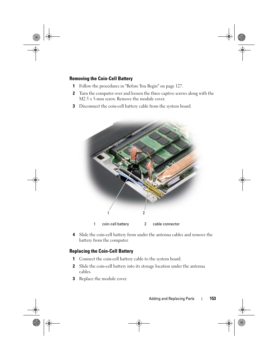Removing the coin-cell battery, Replacing the coin-cell battery | Dell XPS M1330 (M1330, Mid 2007) User Manual | Page 153 / 202