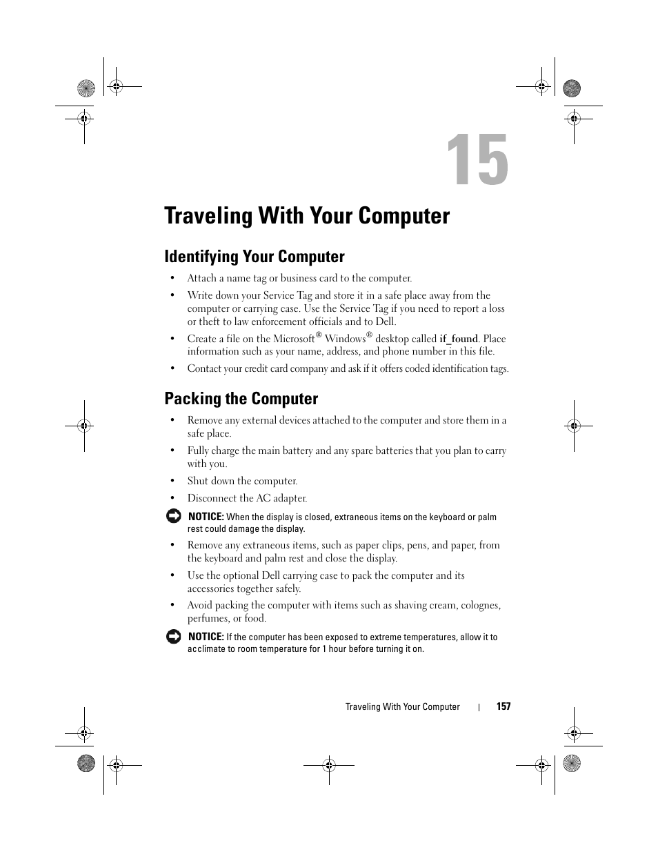 Traveling with your computer, Identifying your computer, Packing the computer | Dell XPS M1330 (M1330, Mid 2007) User Manual | Page 157 / 202