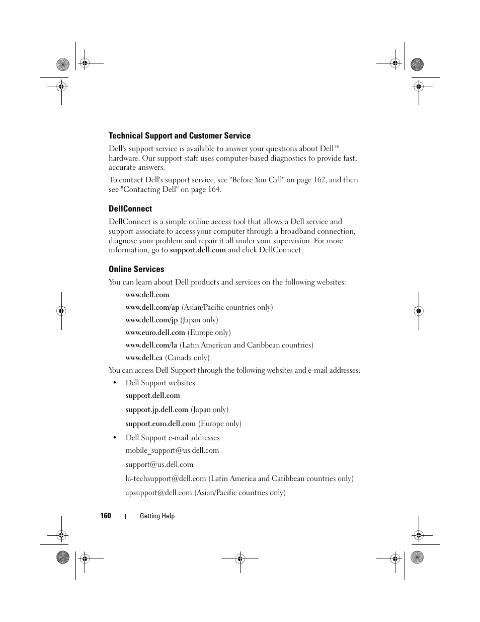 Technical support and customer service, Dellconnect, Online services | Dell XPS M1330 (M1330, Mid 2007) User Manual | Page 160 / 202