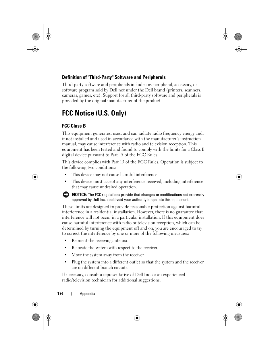 Fcc notice (u.s. only), Fcc class b | Dell XPS M1330 (M1330, Mid 2007) User Manual | Page 174 / 202