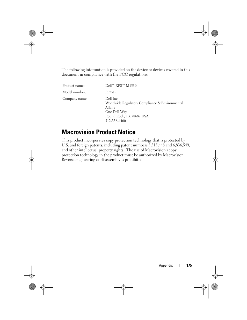 Macrovision product notice | Dell XPS M1330 (M1330, Mid 2007) User Manual | Page 175 / 202