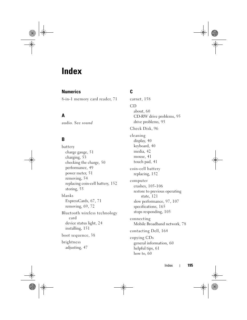 Index | Dell XPS M1330 (M1330, Mid 2007) User Manual | Page 195 / 202
