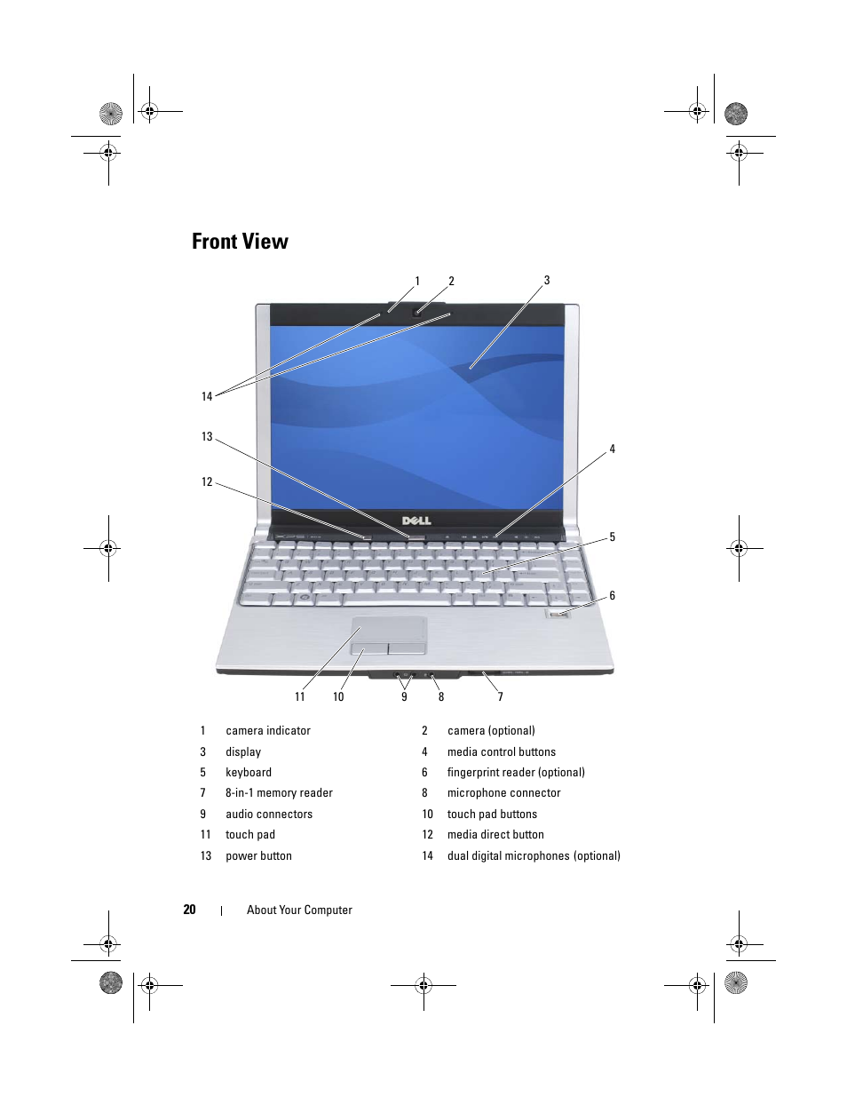 Front view | Dell XPS M1330 (M1330, Mid 2007) User Manual | Page 20 / 202
