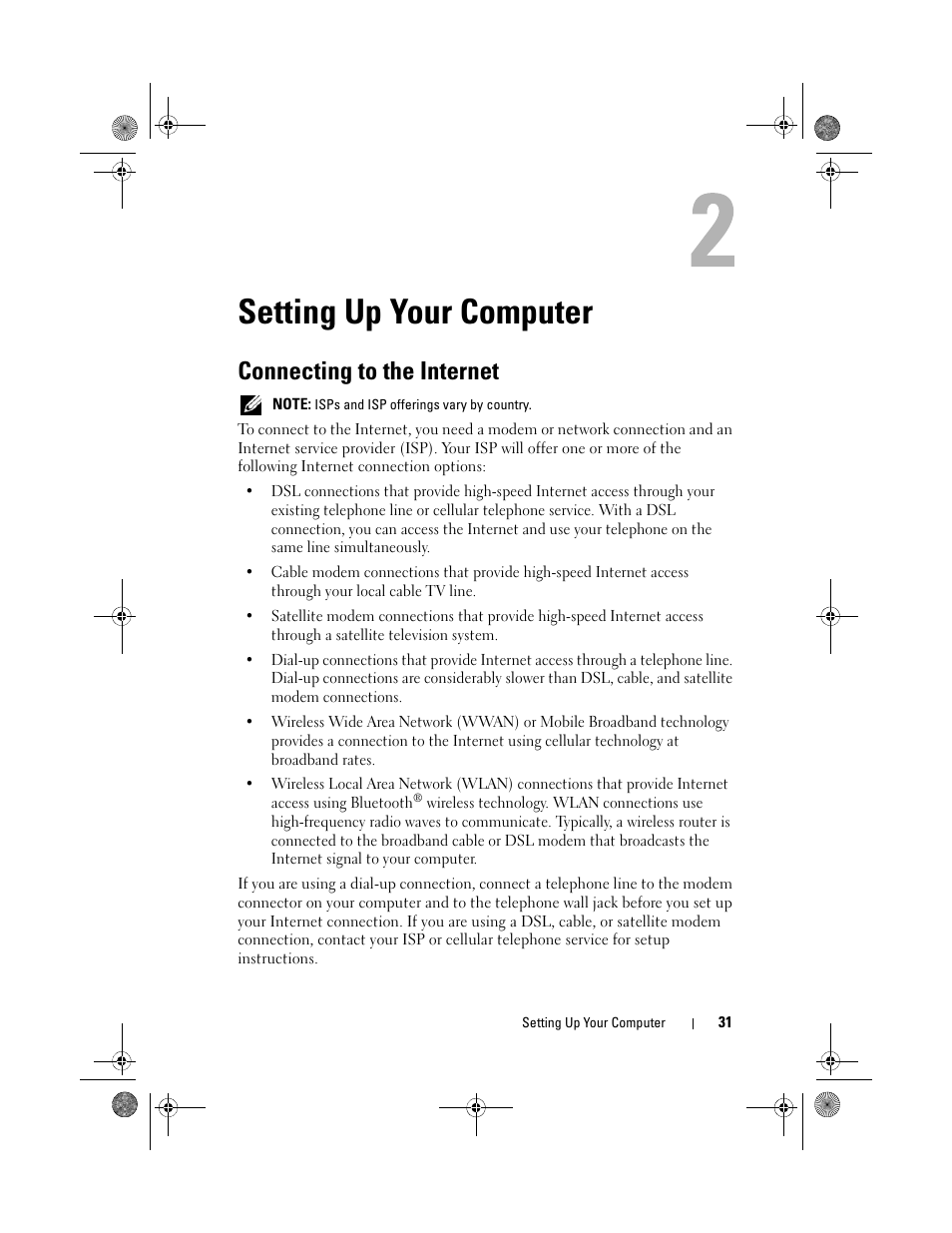 Setting up your computer, Connecting to the internet | Dell XPS M1330 (M1330, Mid 2007) User Manual | Page 31 / 202