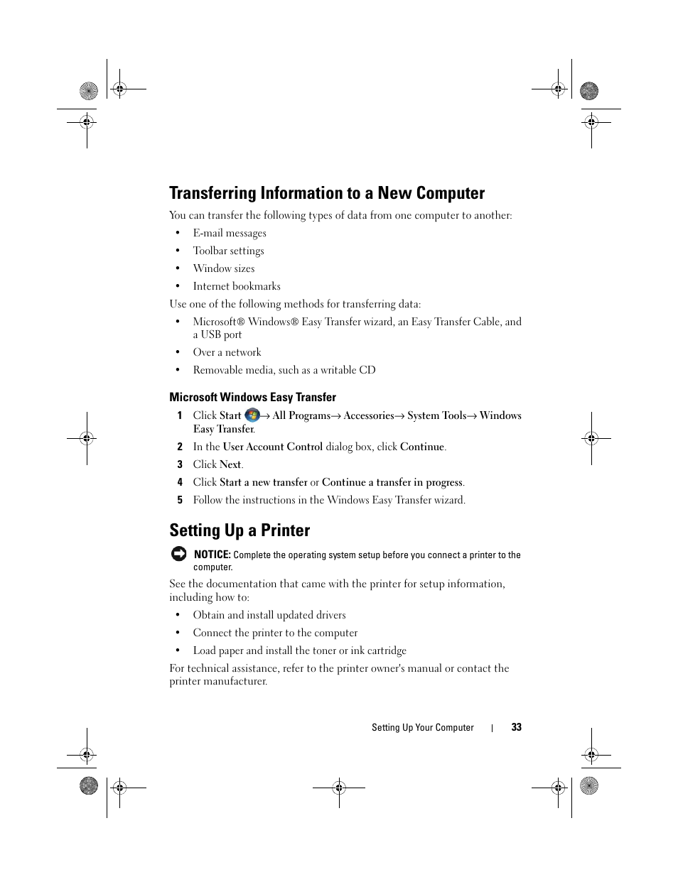 Transferring information to a new computer, Microsoft windows easy transfer, Setting up a printer | Dell XPS M1330 (M1330, Mid 2007) User Manual | Page 33 / 202