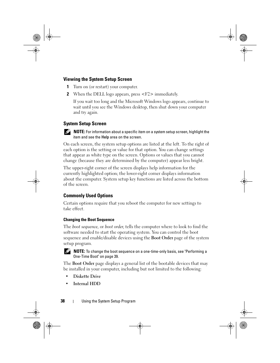Viewing the system setup screen, System setup screen, Commonly used options | Dell XPS M1330 (M1330, Mid 2007) User Manual | Page 38 / 202