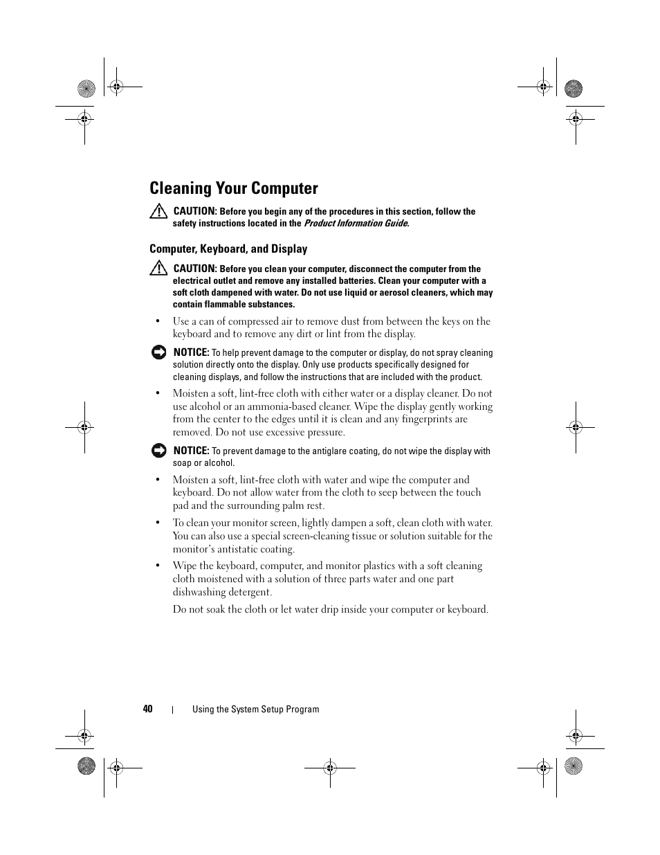 Cleaning your computer, Computer, keyboard, and display | Dell XPS M1330 (M1330, Mid 2007) User Manual | Page 40 / 202