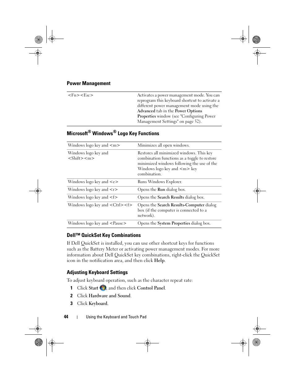 Power management, Microsoft® windows® logo key functions, Dell™ quickset key combinations | Adjusting keyboard settings | Dell XPS M1330 (M1330, Mid 2007) User Manual | Page 44 / 202