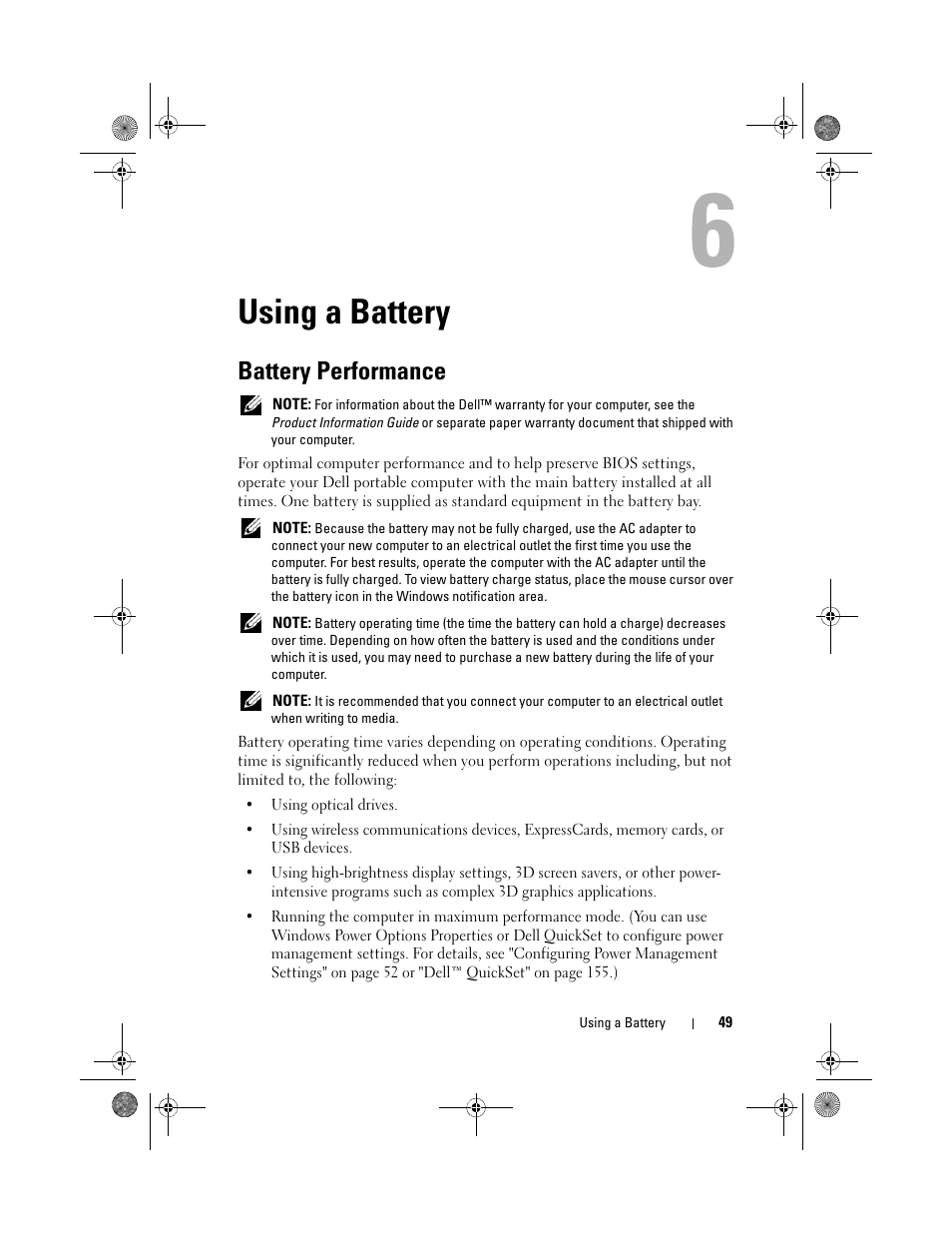 Using a battery, Battery performance | Dell XPS M1330 (M1330, Mid 2007) User Manual | Page 49 / 202