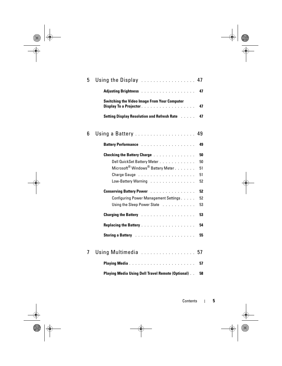 5using the display, 6using a battery, 7using multimedia | Dell XPS M1330 (M1330, Mid 2007) User Manual | Page 5 / 202