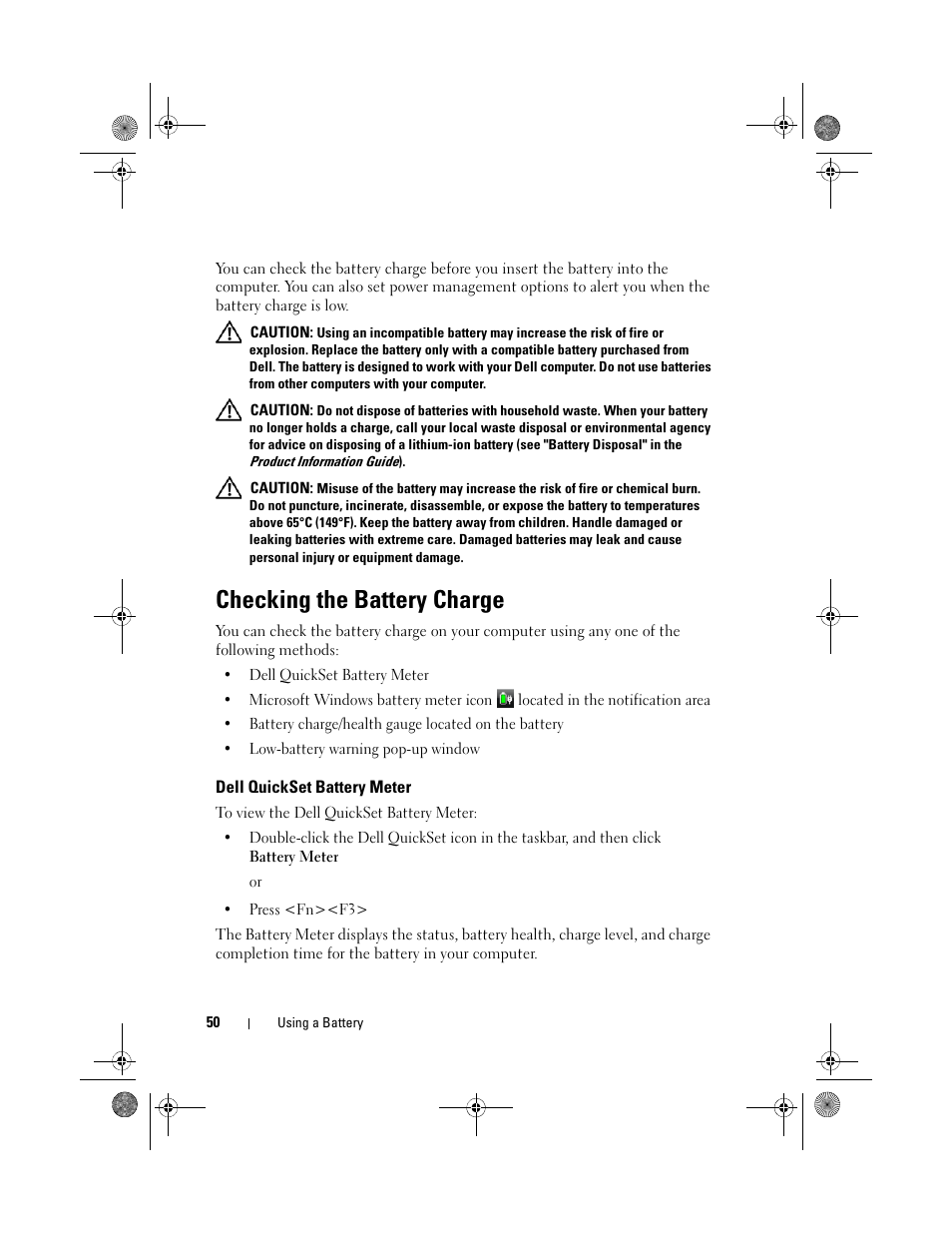 Checking the battery charge, Dell quickset battery meter | Dell XPS M1330 (M1330, Mid 2007) User Manual | Page 50 / 202