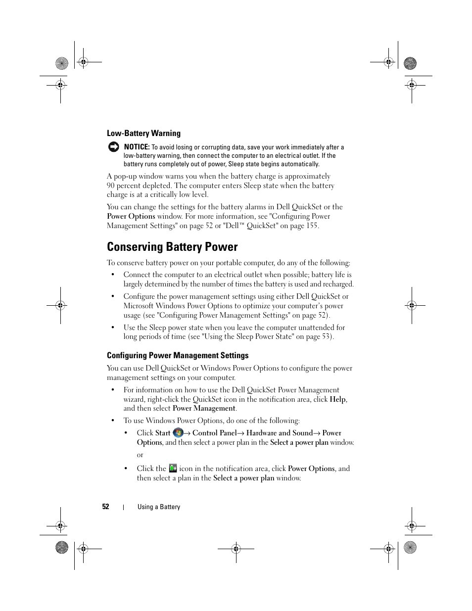 Low-battery warning, Conserving battery power, Configuring power management settings | Dell XPS M1330 (M1330, Mid 2007) User Manual | Page 52 / 202