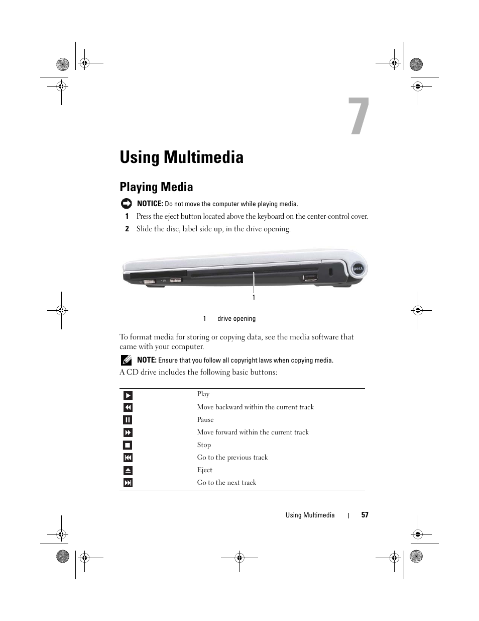 Using multimedia, Playing media, E "using | Dell XPS M1330 (M1330, Mid 2007) User Manual | Page 57 / 202