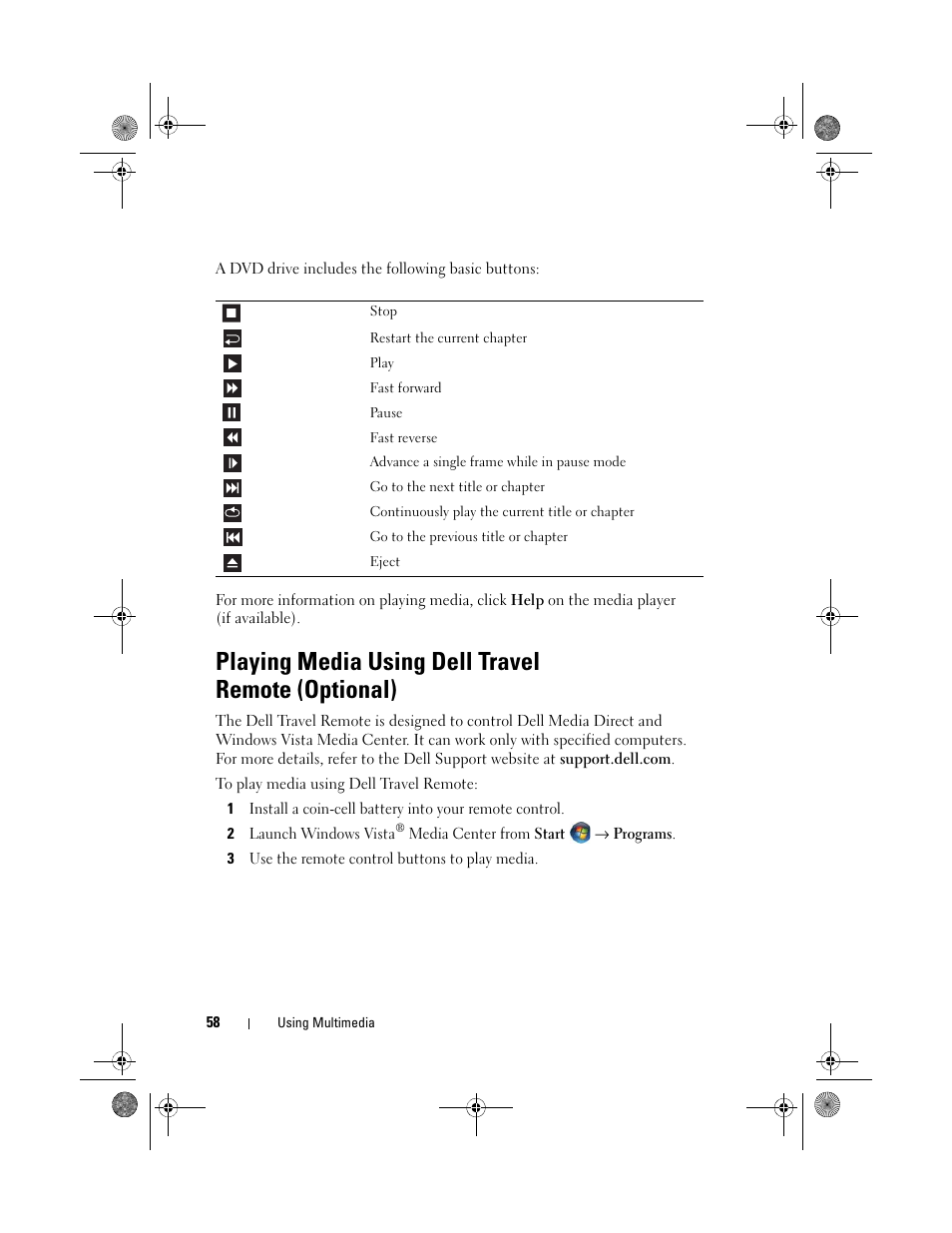 Playing media using dell travel remote (optional) | Dell XPS M1330 (M1330, Mid 2007) User Manual | Page 58 / 202