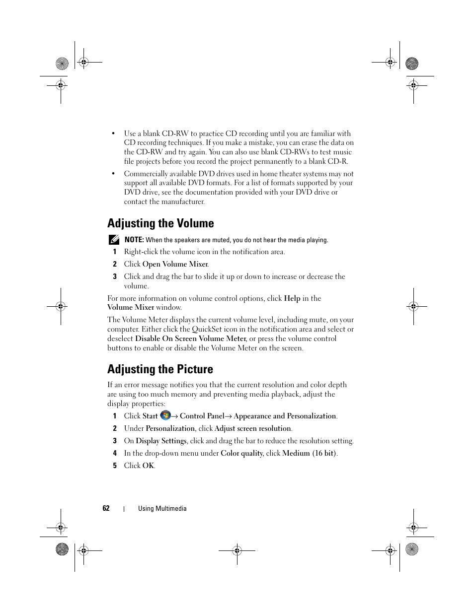 Adjusting the volume, Adjusting the picture | Dell XPS M1330 (M1330, Mid 2007) User Manual | Page 62 / 202