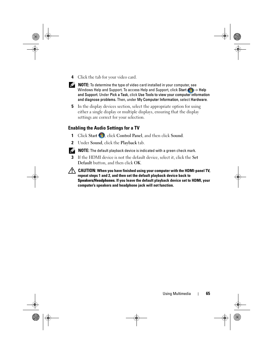 Enabling the audio settings for a tv | Dell XPS M1330 (M1330, Mid 2007) User Manual | Page 65 / 202