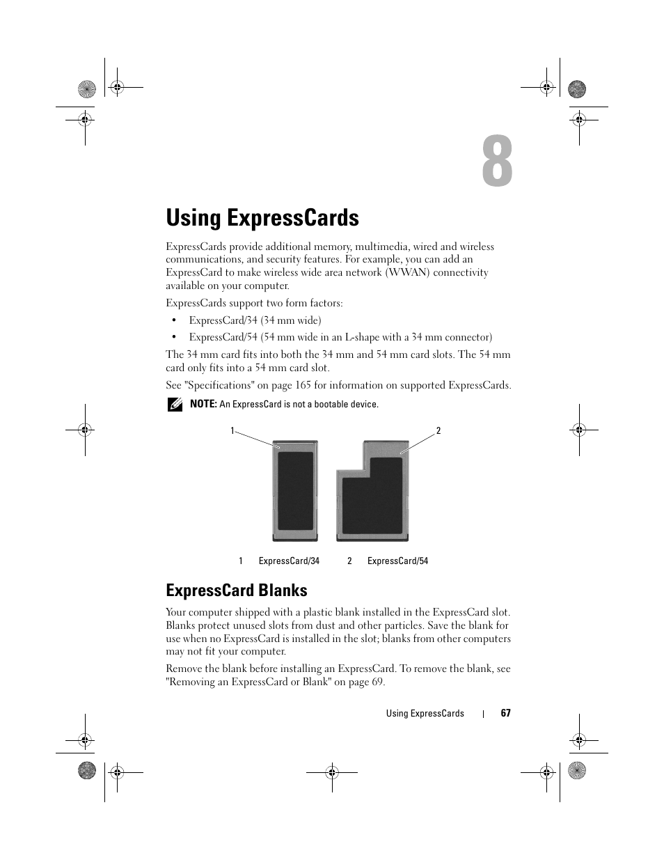 Using expresscards, Expresscard blanks, Rmation, see "using expresscards" on | Dell XPS M1330 (M1330, Mid 2007) User Manual | Page 67 / 202