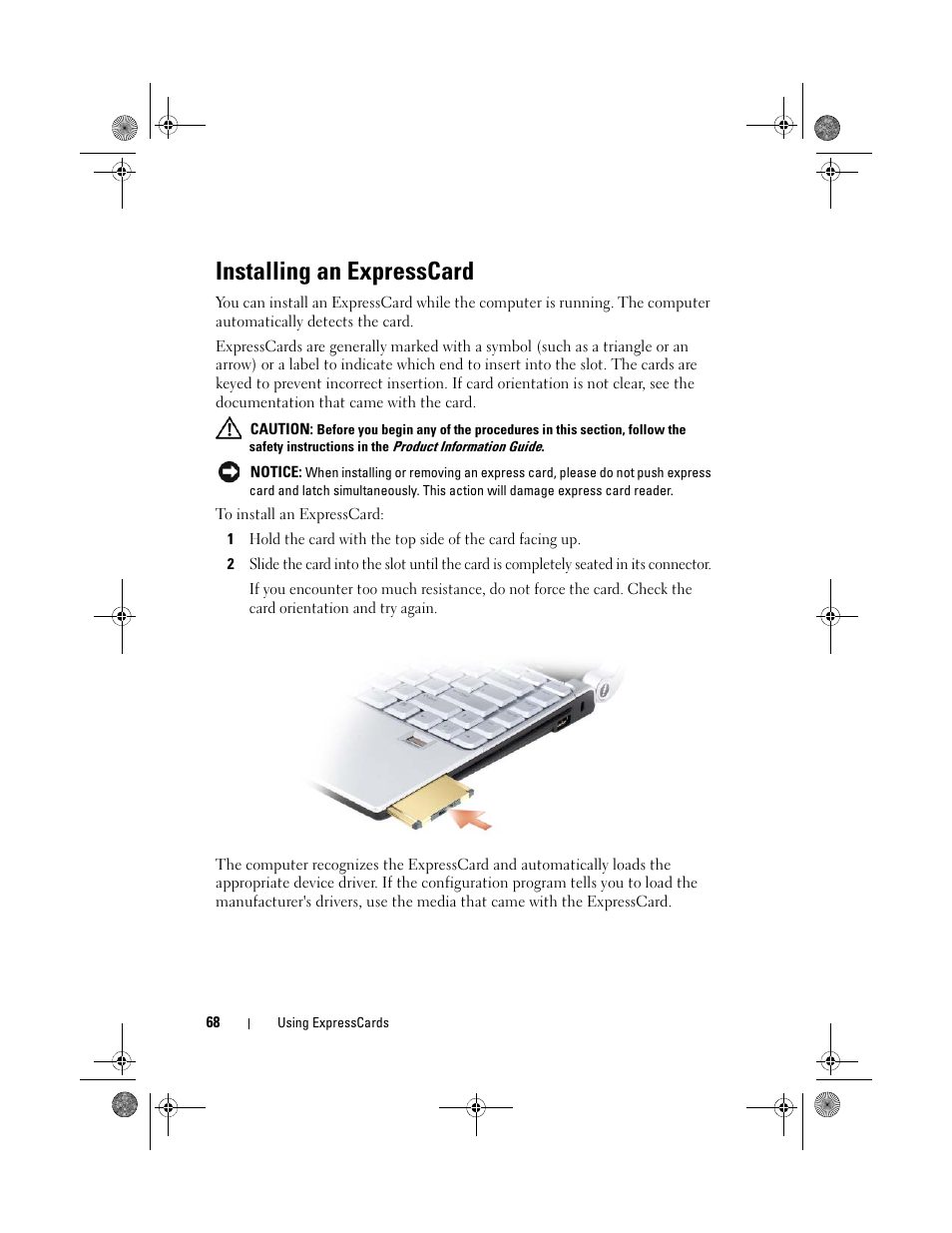 Installing an expresscard | Dell XPS M1330 (M1330, Mid 2007) User Manual | Page 68 / 202
