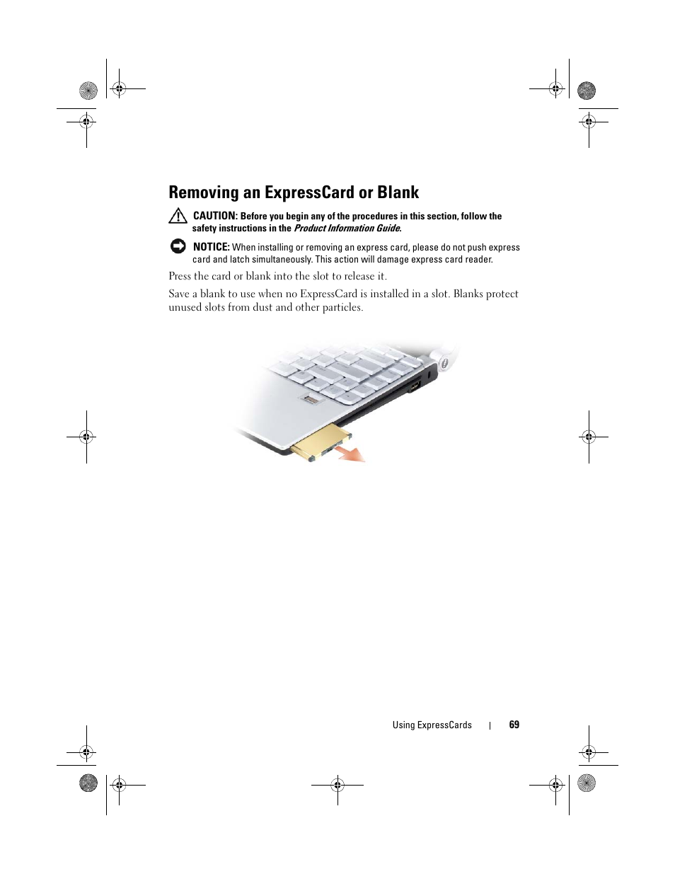 Removing an expresscard or blank | Dell XPS M1330 (M1330, Mid 2007) User Manual | Page 69 / 202