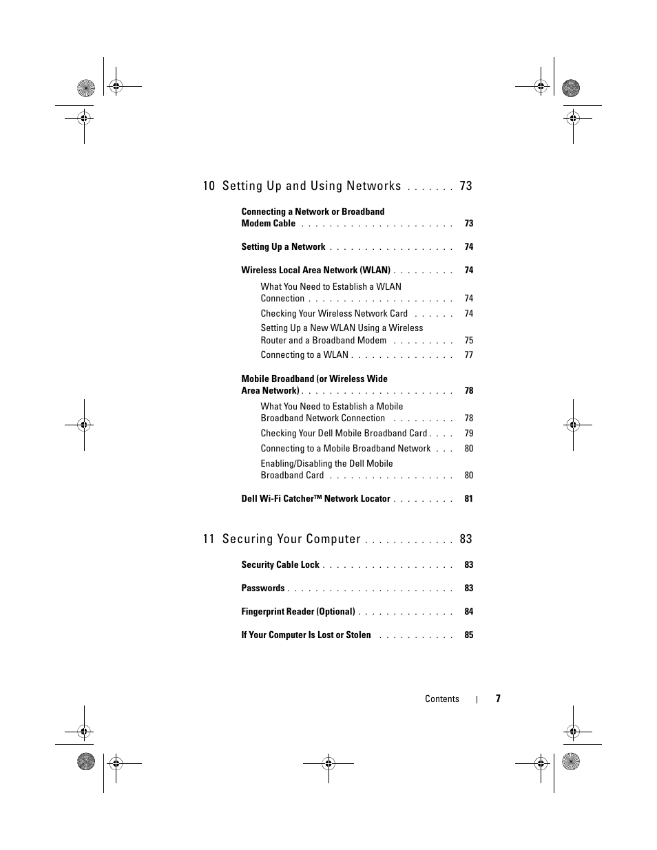 10 setting up and using networks, 11 securing your computer | Dell XPS M1330 (M1330, Mid 2007) User Manual | Page 7 / 202