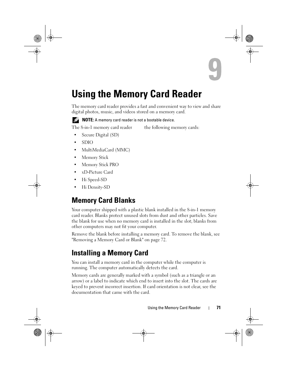 Using the memory card reader, Memory card blanks, Installing a memory card | Dell XPS M1330 (M1330, Mid 2007) User Manual | Page 71 / 202