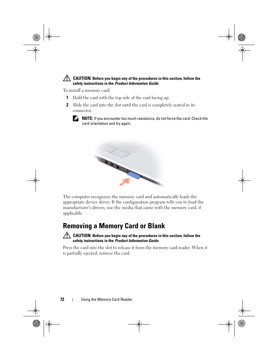 Removing a memory card or blank | Dell XPS M1330 (M1330, Mid 2007) User Manual | Page 72 / 202