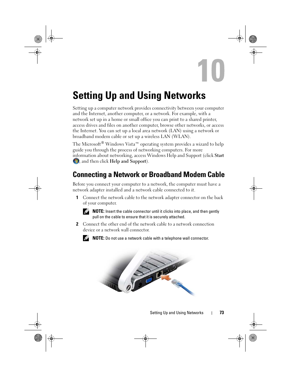 Setting up and using networks, Connecting a network or broadband modem cable | Dell XPS M1330 (M1330, Mid 2007) User Manual | Page 73 / 202