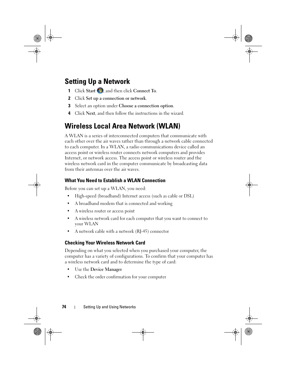 Setting up a network, Wireless local area network (wlan), What you need to establish a wlan connection | Checking your wireless network card | Dell XPS M1330 (M1330, Mid 2007) User Manual | Page 74 / 202