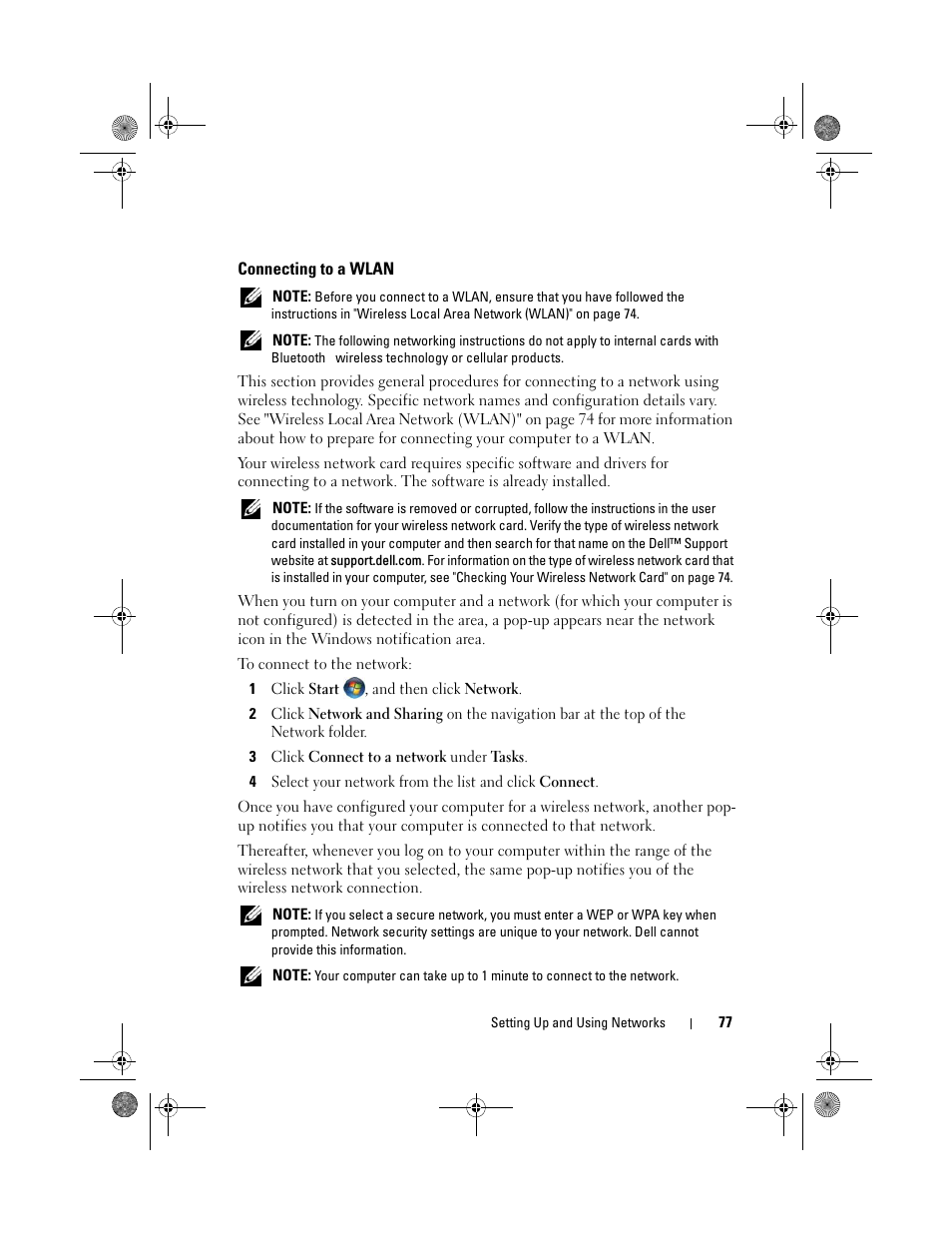 Connecting to a wlan | Dell XPS M1330 (M1330, Mid 2007) User Manual | Page 77 / 202