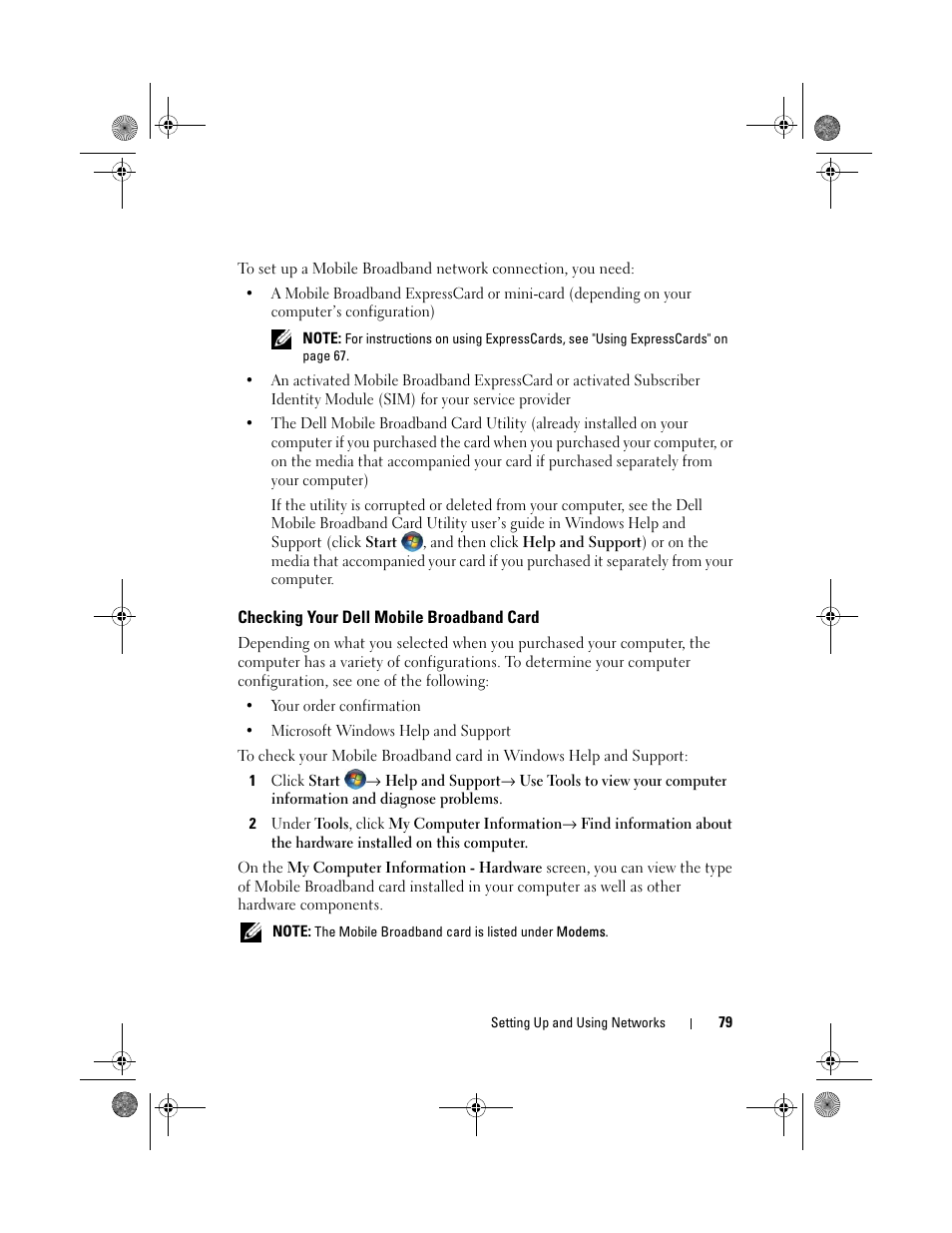 Checking your dell mobile broadband card | Dell XPS M1330 (M1330, Mid 2007) User Manual | Page 79 / 202