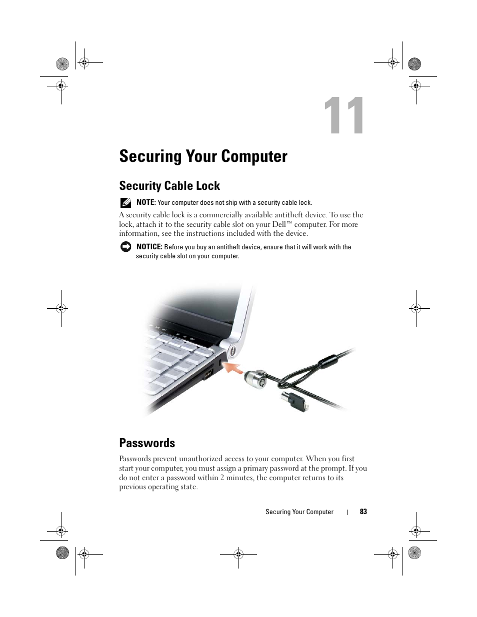 Securing your computer, Security cable lock, Passwords | Dell XPS M1330 (M1330, Mid 2007) User Manual | Page 83 / 202
