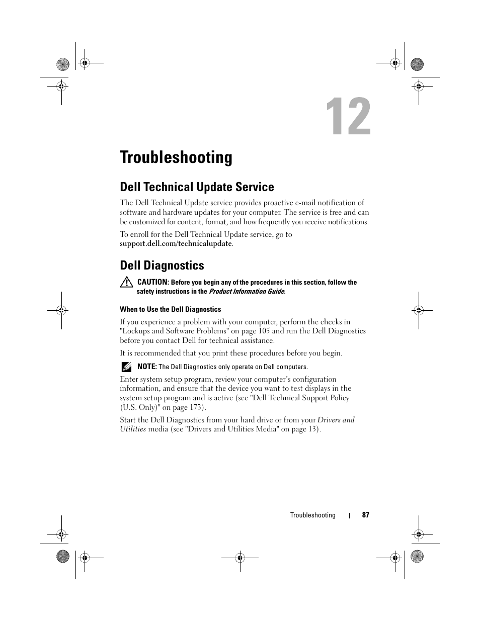 Troubleshooting, Dell technical update service, Dell diagnostics | Dell XPS M1330 (M1330, Mid 2007) User Manual | Page 87 / 202