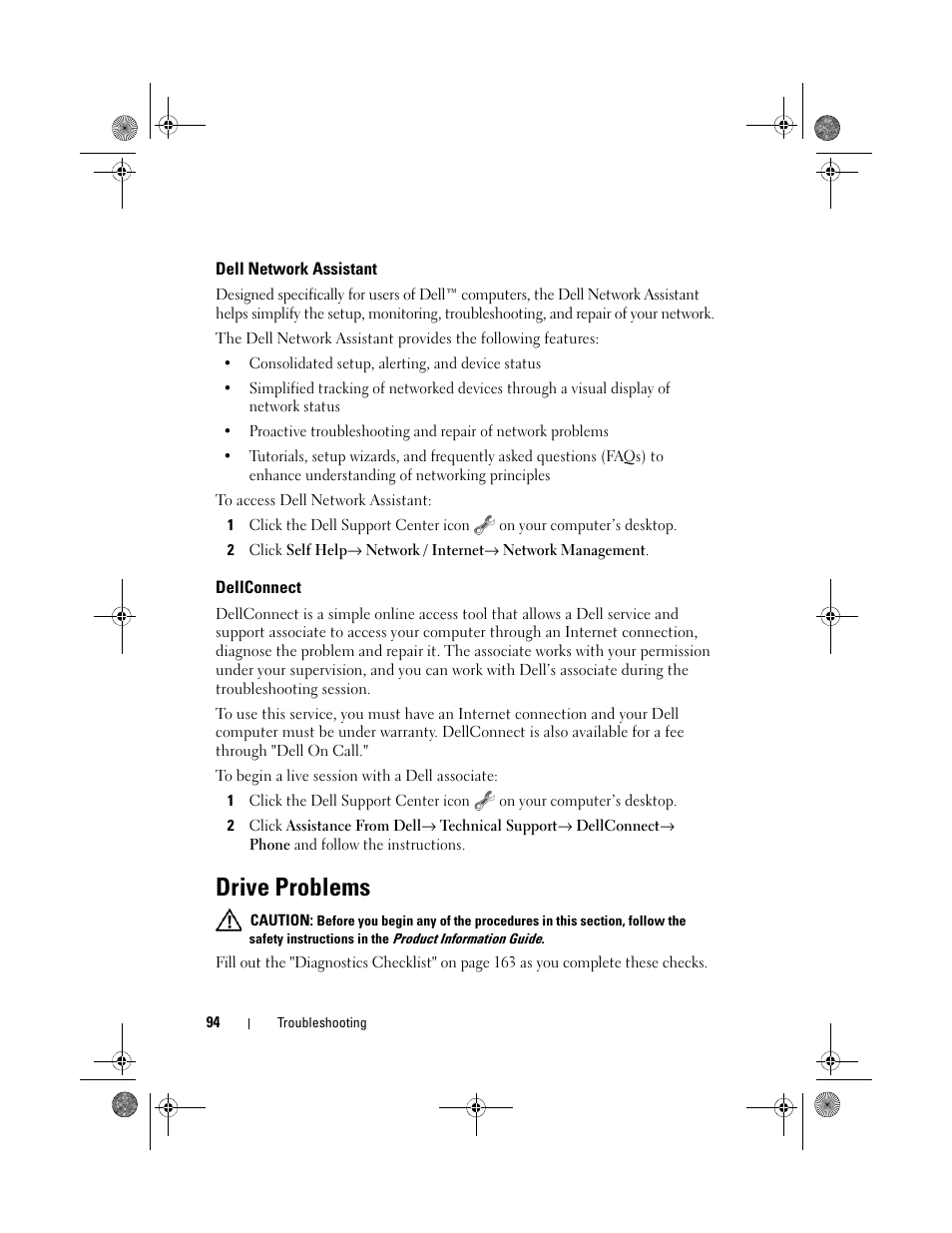 Dell network assistant, Dellconnect, Drive problems | Dell XPS M1330 (M1330, Mid 2007) User Manual | Page 94 / 202
