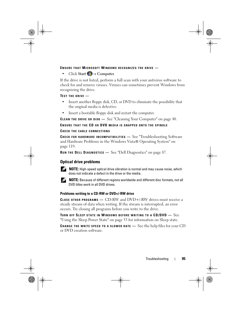 Optical drive problems | Dell XPS M1330 (M1330, Mid 2007) User Manual | Page 95 / 202