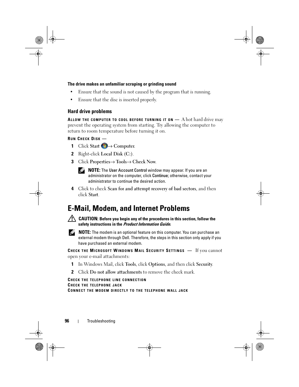 Hard drive problems, E-mail, modem, and internet problems | Dell XPS M1330 (M1330, Mid 2007) User Manual | Page 96 / 202