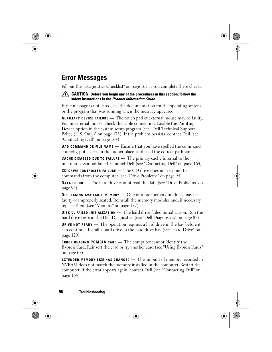 Error messages | Dell XPS M1330 (M1330, Mid 2007) User Manual | Page 98 / 202