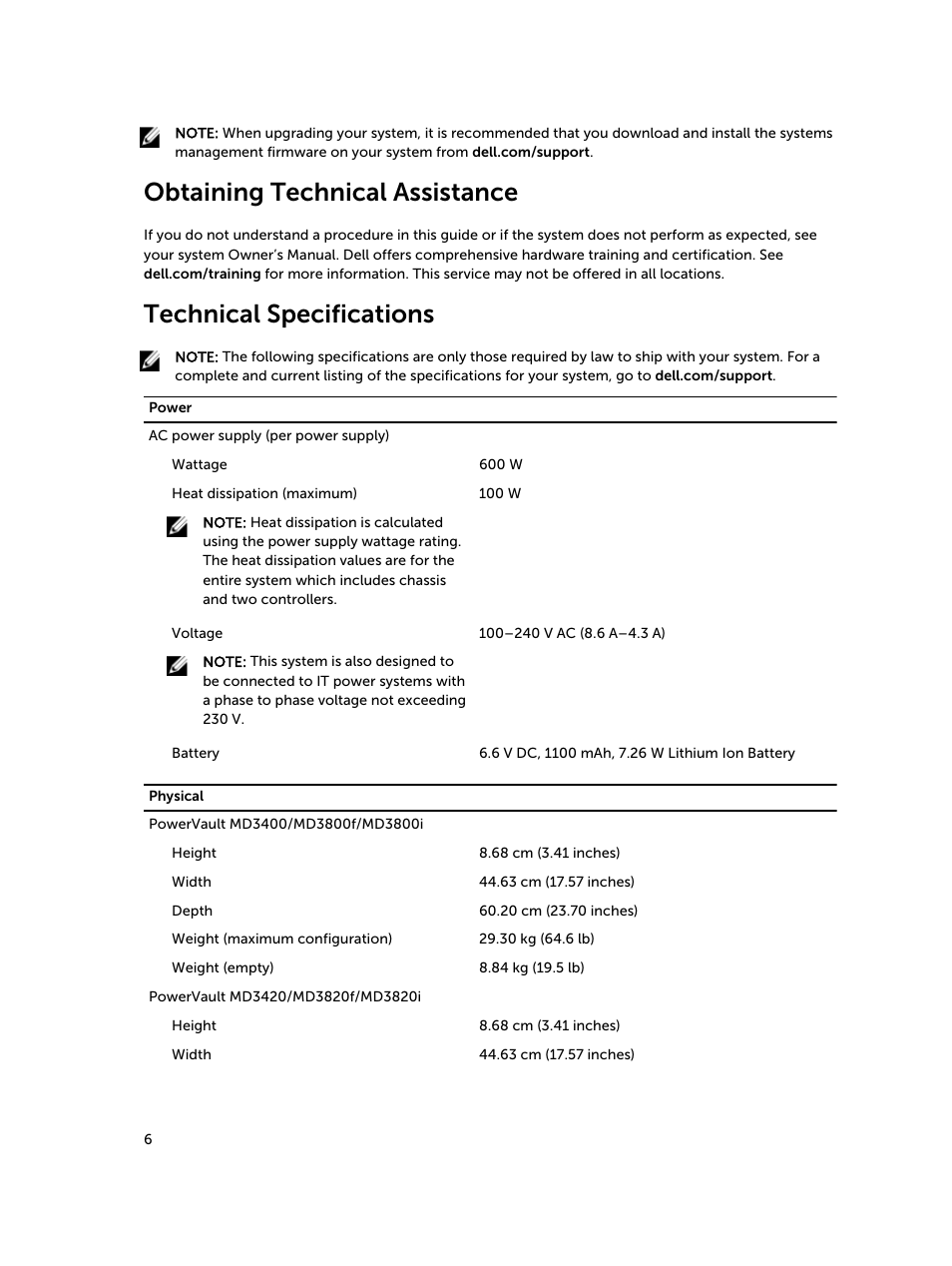 Obtaining technical assistance, Technical specifications | Dell PowerVault MD3820i User Manual | Page 6 / 8