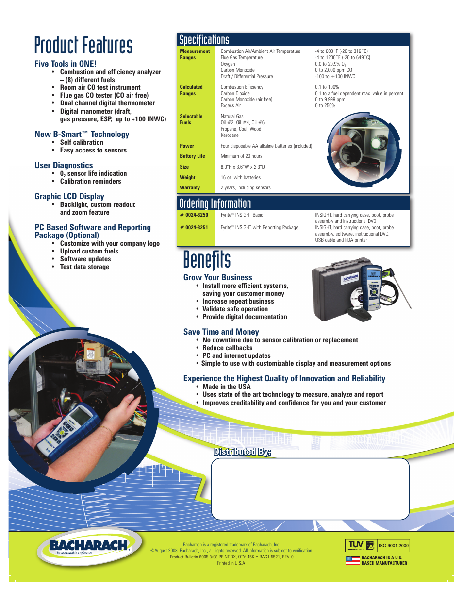 Product features, Benefits, Specifications | Ordering information, Distributed by, Five tools in one, New b-smart™ technology, User diagnostics, Graphic lcd display, Pc based software and reporting package (optional) | Bacharach Fyrite Insight Residential Combustion Analyzer User Manual | Page 2 / 2