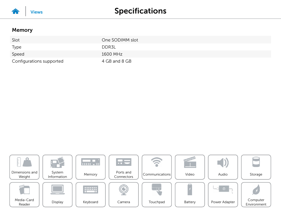 Memory, Specifications | Dell Inspiron 13 7000 Series 2-in-1(7348, Early 2015) User Manual | Page 10 / 24