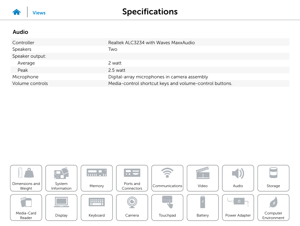Audio, Specifications | Dell Inspiron 13 7000 Series 2-in-1(7348, Early 2015) User Manual | Page 14 / 24