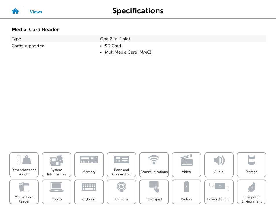 Media‑card, Reader, Specifications | Media-card reader | Dell Inspiron 13 7000 Series 2-in-1(7348, Early 2015) User Manual | Page 16 / 24