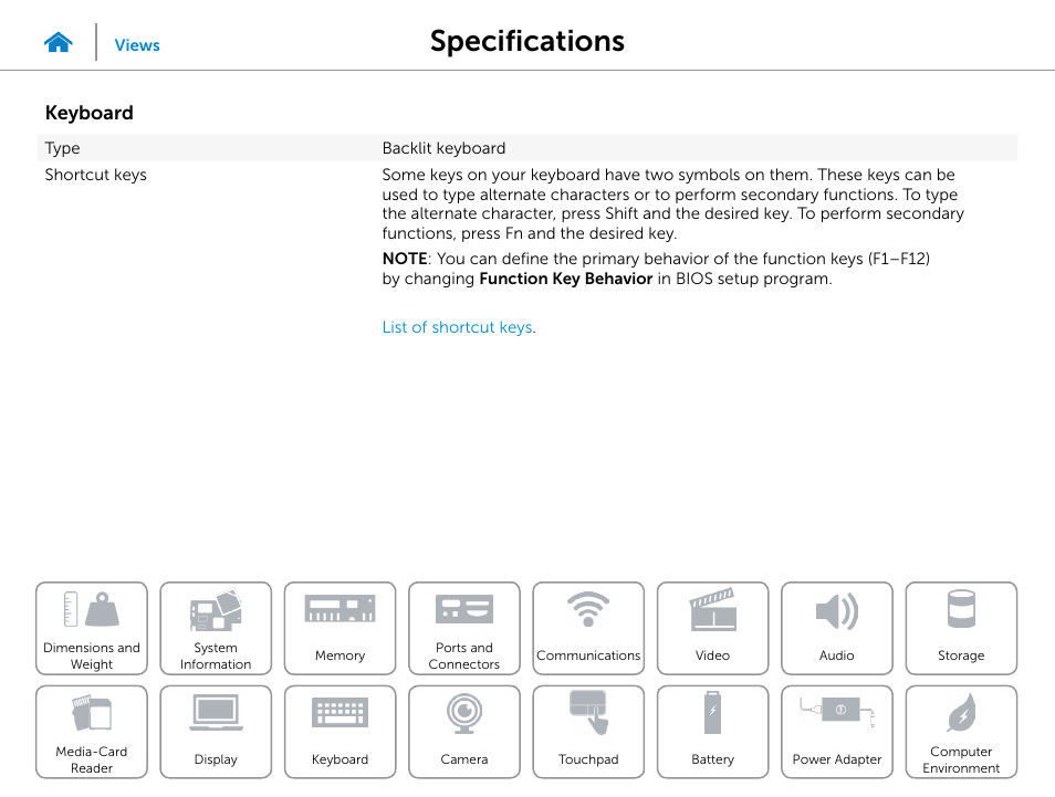 Keyboard, Specifications | Dell Inspiron 13 7000 Series 2-in-1(7348, Early 2015) User Manual | Page 18 / 24